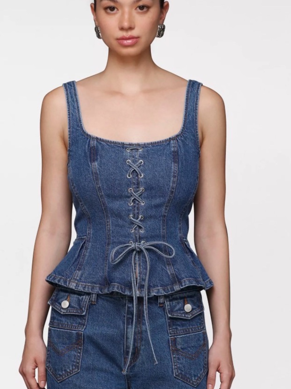 Avec Les Filles Denim Lace-Up Peplum Top - Denim Blue